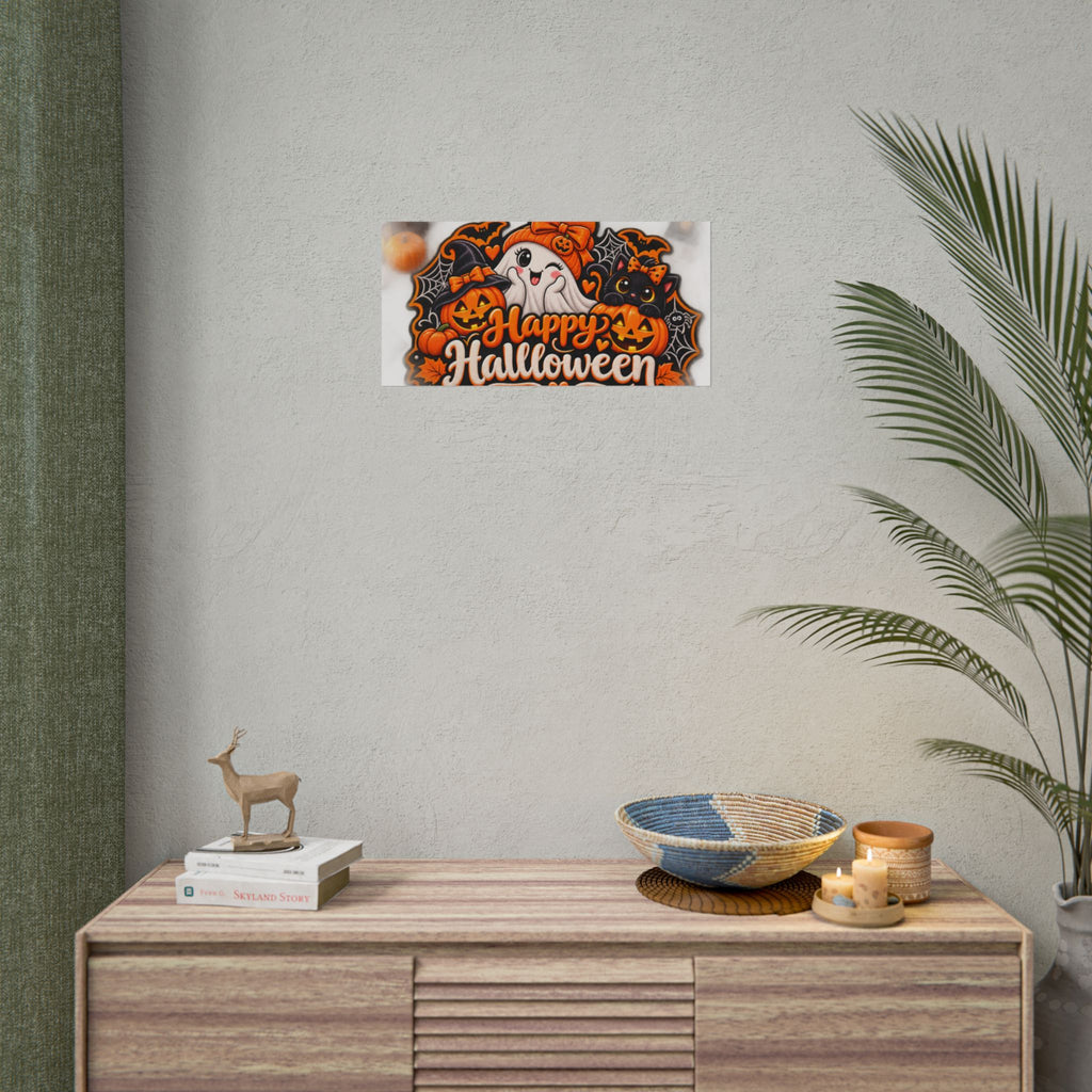 Happy Halloween Rolled Poster — Cute Ghost, Pumpkins & Black Cat Halloween Wall Art