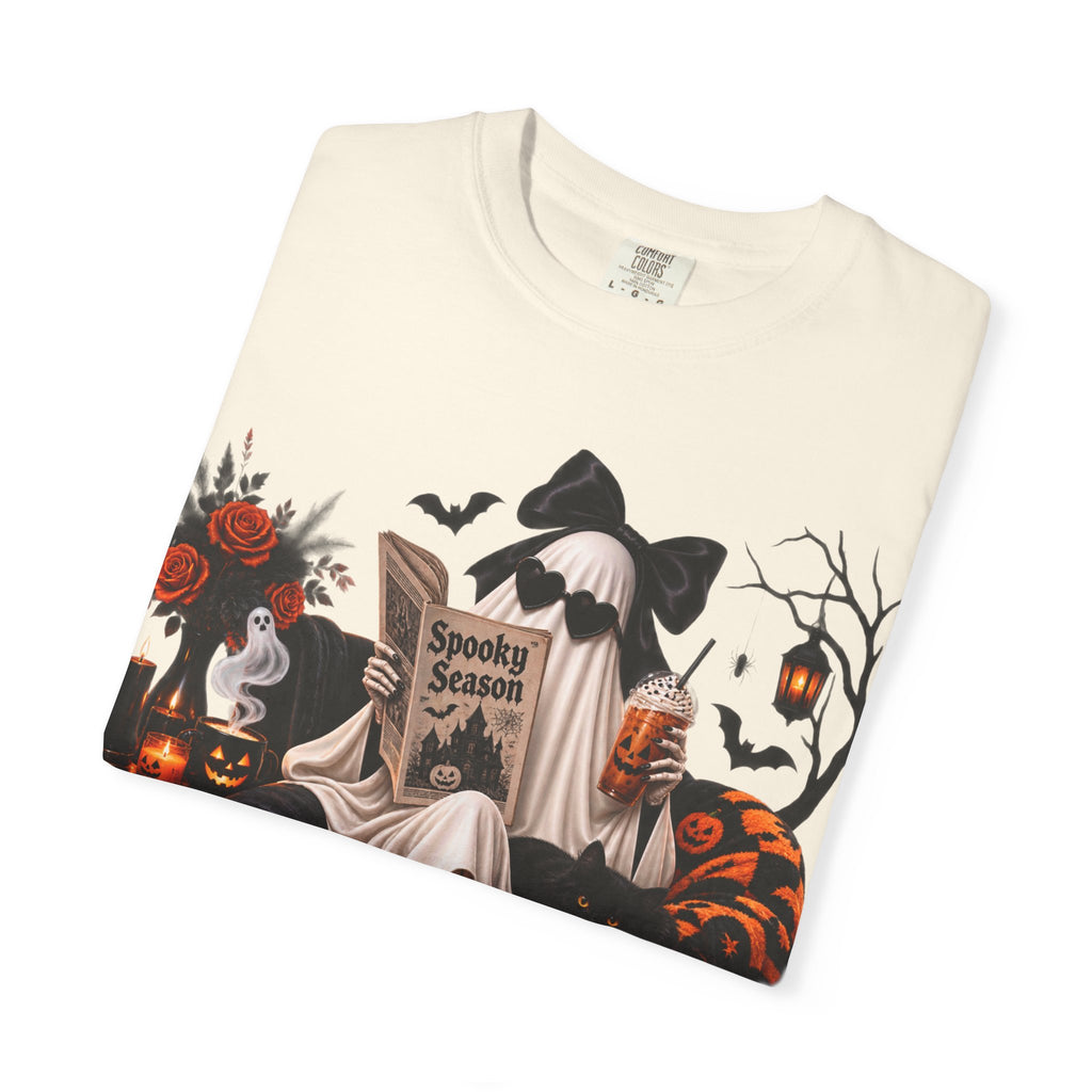 Halloween Ghost Reading T-Shirt — Spooky Pumpkin & 'Spooky Season' Graphic