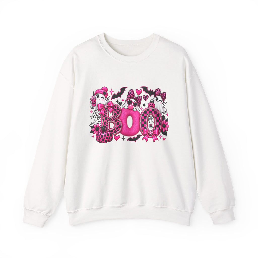 Halloween 'Boo' Graphic Sweatshirt — Cute Pink Ghosts & Bats Cozy Pullover