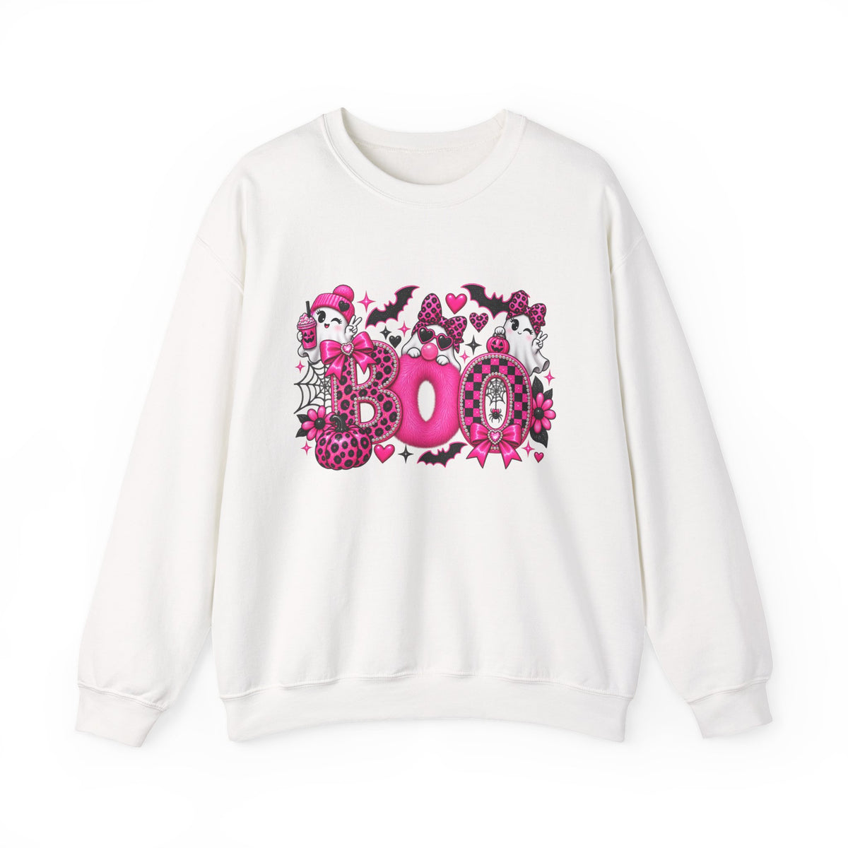 Halloween 'Boo' Graphic Sweatshirt — Cute Pink Ghosts & Bats Cozy Pullover
