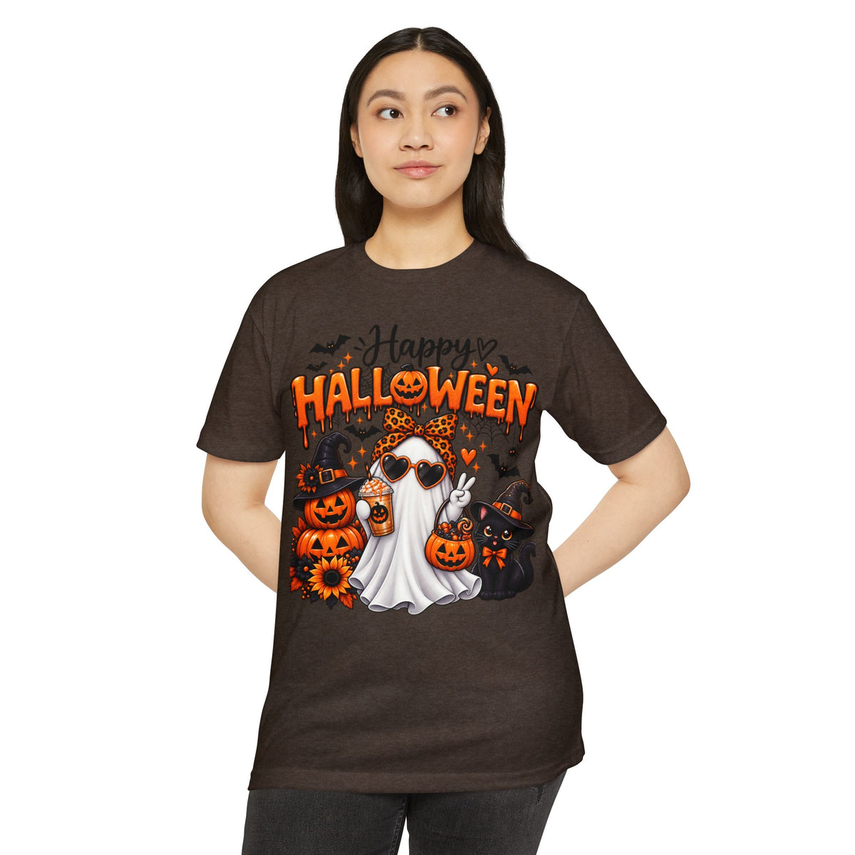 Halloween Ghost Tee - "Happy Halloween" Cute Pumpkin & Black Cat Graphic T-Shirt
