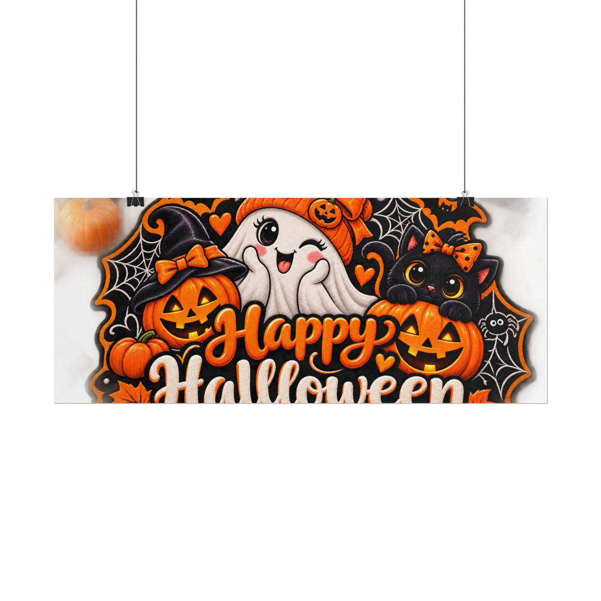 Happy Halloween Rolled Poster — Cute Ghost, Pumpkins & Black Cat Halloween Wall Art