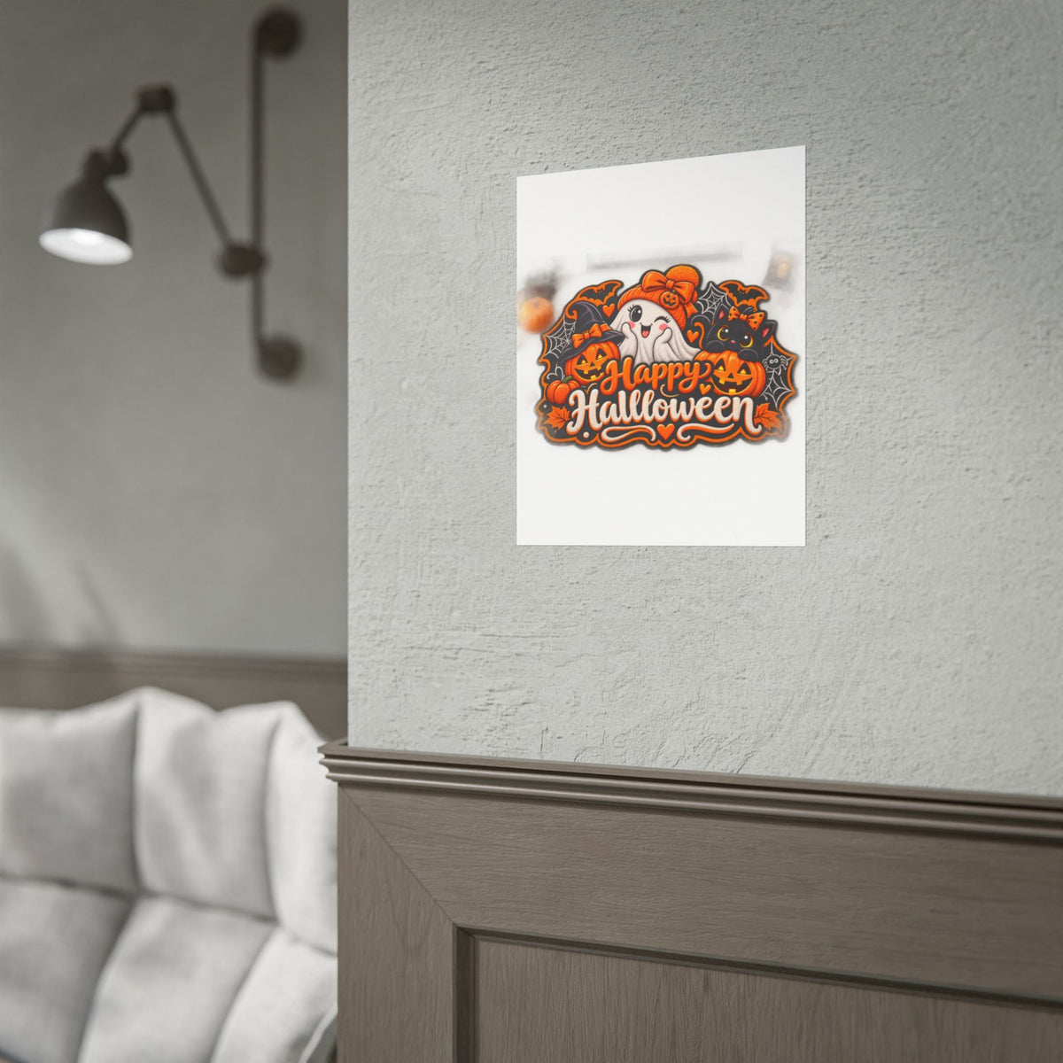 Happy Halloween Rolled Poster — Cute Ghost, Pumpkins & Black Cat Halloween Wall Art