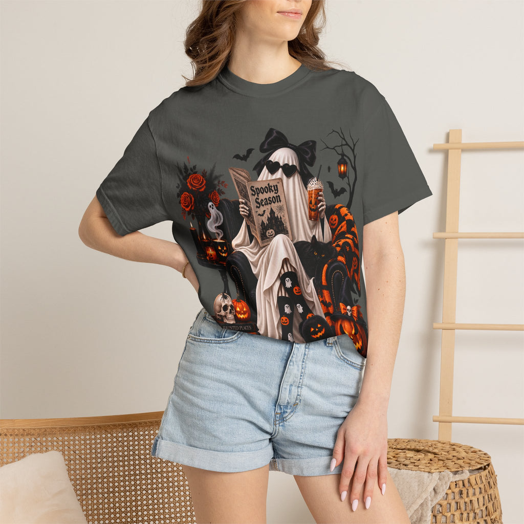 Halloween Ghost Reading T-Shirt — Spooky Pumpkin & 'Spooky Season' Graphic