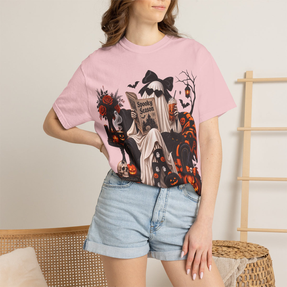 Halloween Ghost Reading T-Shirt — Spooky Pumpkin & 'Spooky Season' Graphic