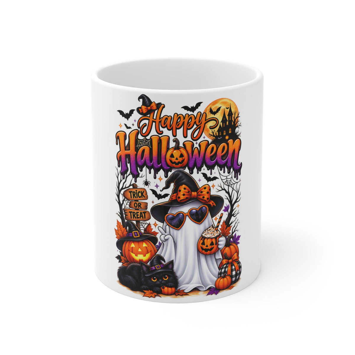 Happy Halloween Ghost Mug — Cute Trick-or-Treat Pumpkin & Black Cat Coffee Cup (11 oz)