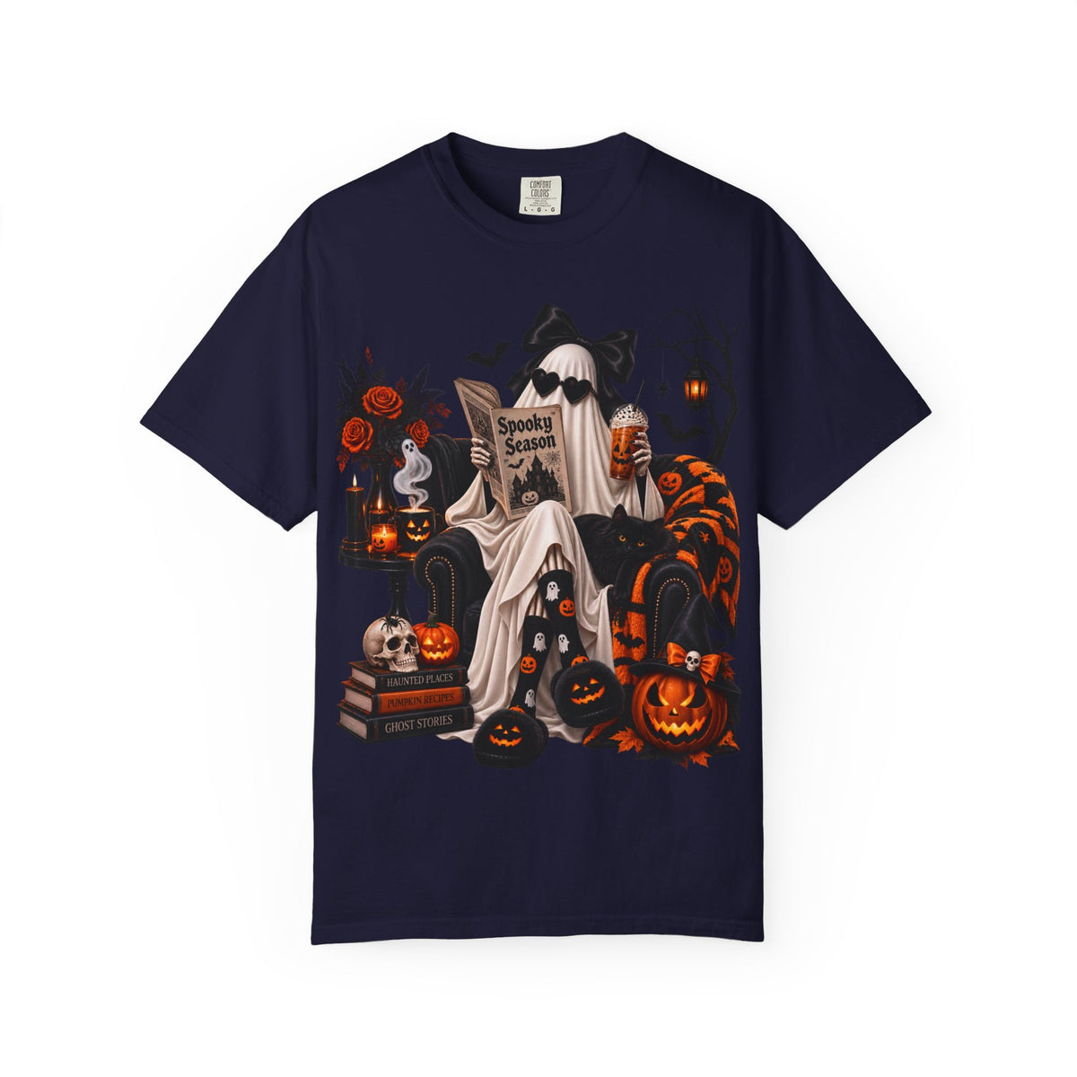 Halloween Ghost Reading T-Shirt — Spooky Pumpkin & 'Spooky Season' Graphic