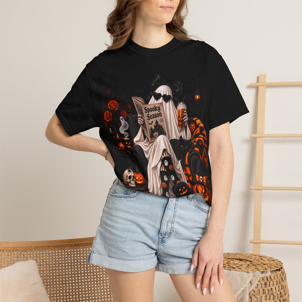 Halloween Ghost Reading T-Shirt — Spooky Pumpkin & 'Spooky Season' Graphic