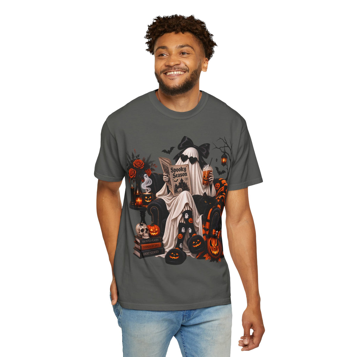 Halloween Ghost Reading T-Shirt — Spooky Pumpkin & 'Spooky Season' Graphic