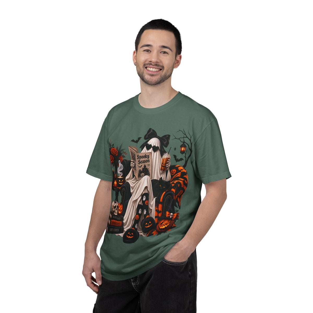 Halloween Ghost Reading T-Shirt — Spooky Pumpkin & 'Spooky Season' Graphic