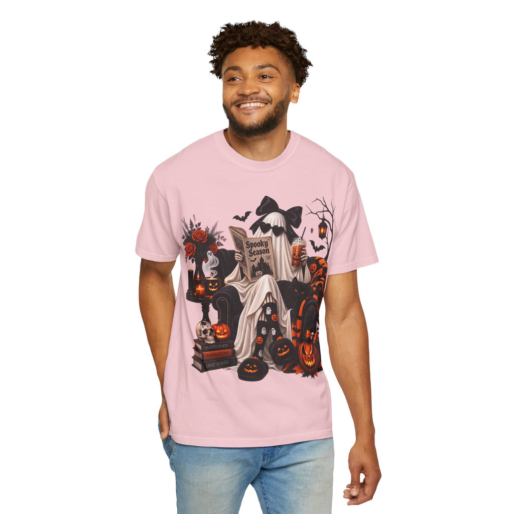 Halloween Ghost Reading T-Shirt — Spooky Pumpkin & 'Spooky Season' Graphic