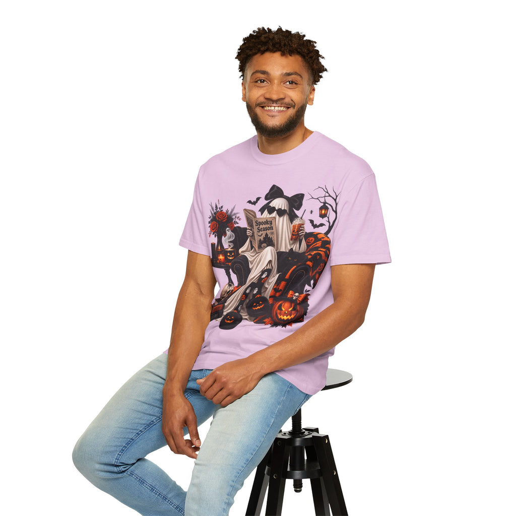 Halloween Ghost Reading T-Shirt — Spooky Pumpkin & 'Spooky Season' Graphic