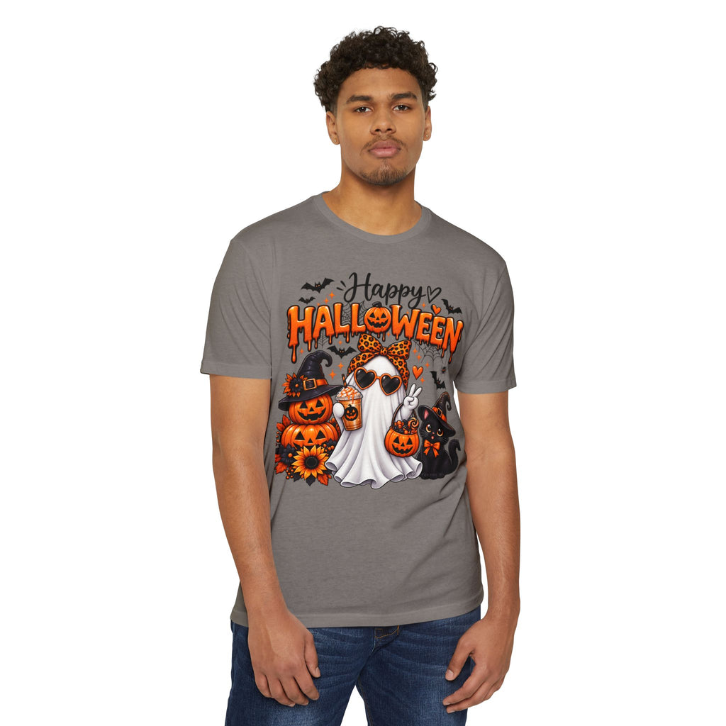 Halloween Ghost Tee - "Happy Halloween" Cute Pumpkin & Black Cat Graphic T-Shirt