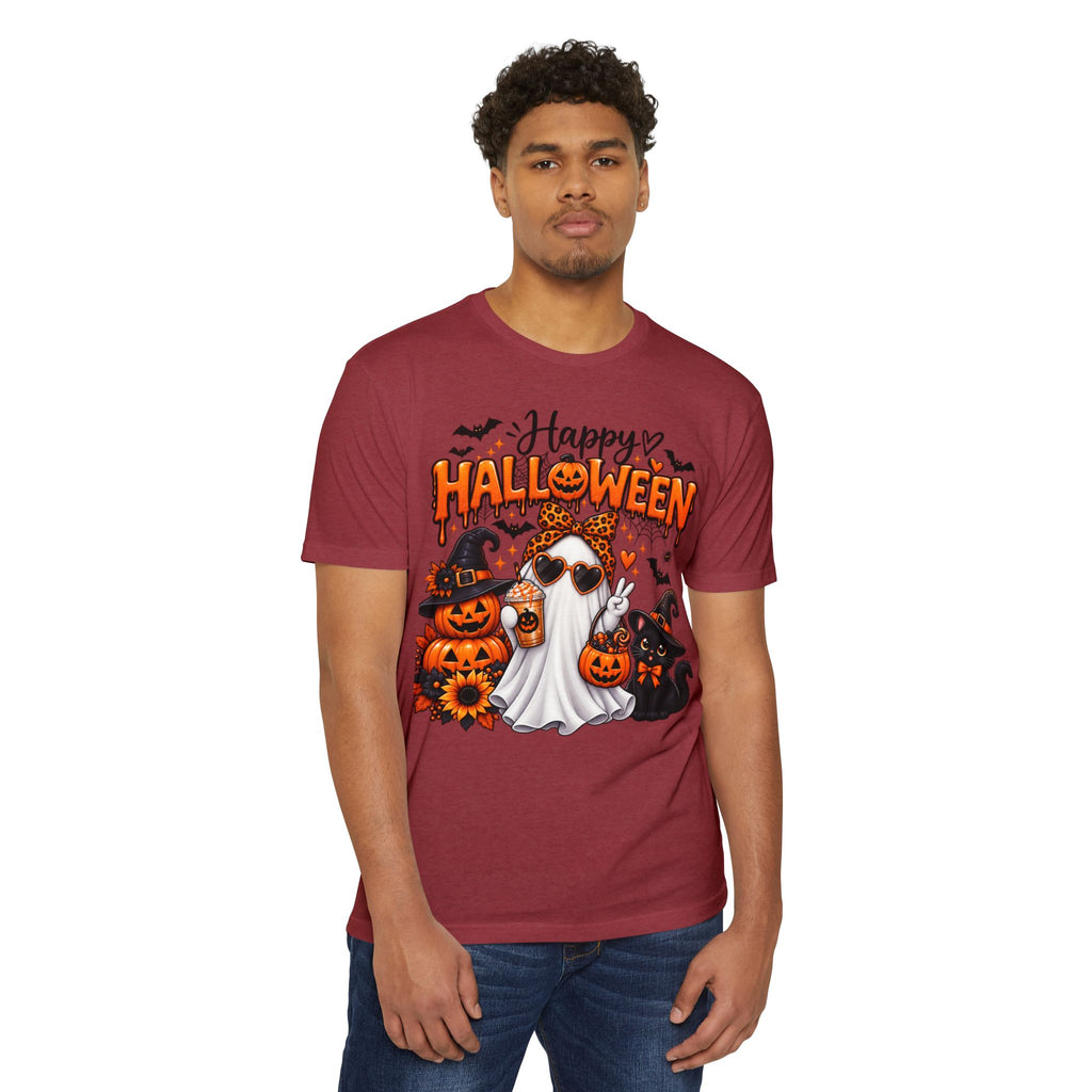 Halloween Ghost Tee - "Happy Halloween" Cute Pumpkin & Black Cat Graphic T-Shirt