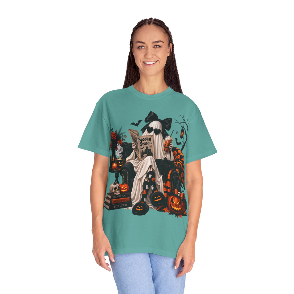 Halloween Ghost Reading T-Shirt — Spooky Pumpkin & 'Spooky Season' Graphic