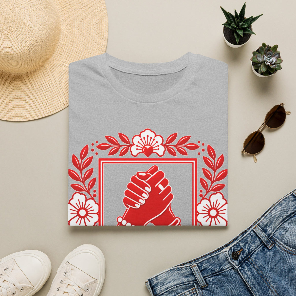 We Rise Together T-Shirt — Red Floral Unity Design