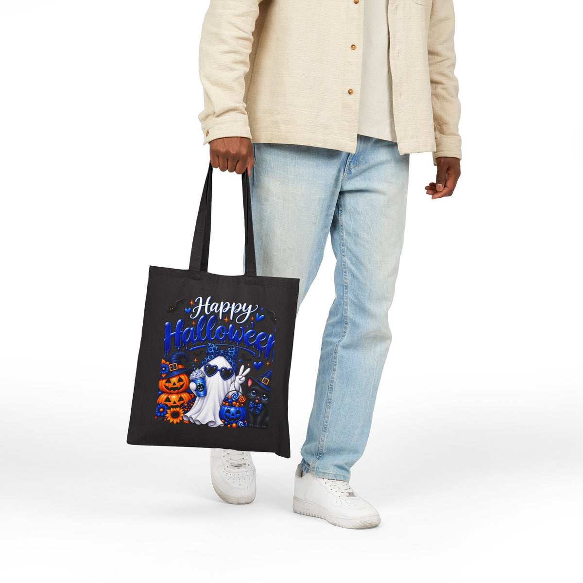 Halloween Ghost & Cats Cotton Tote Bag — "Happy Halloween" Trick-or-Treat Canvas Shopper
