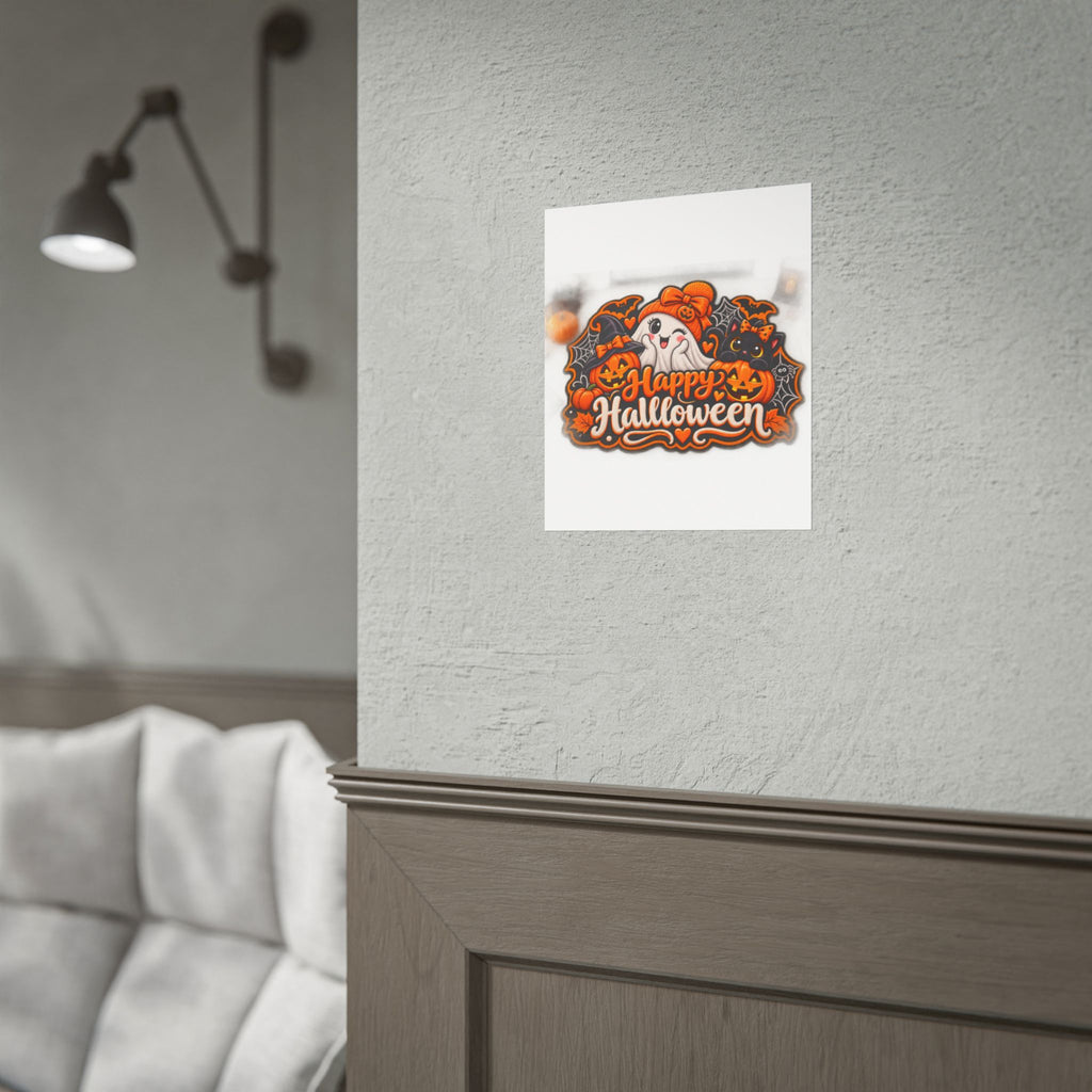 Happy Halloween Rolled Poster — Cute Ghost, Pumpkins & Black Cat Halloween Wall Art
