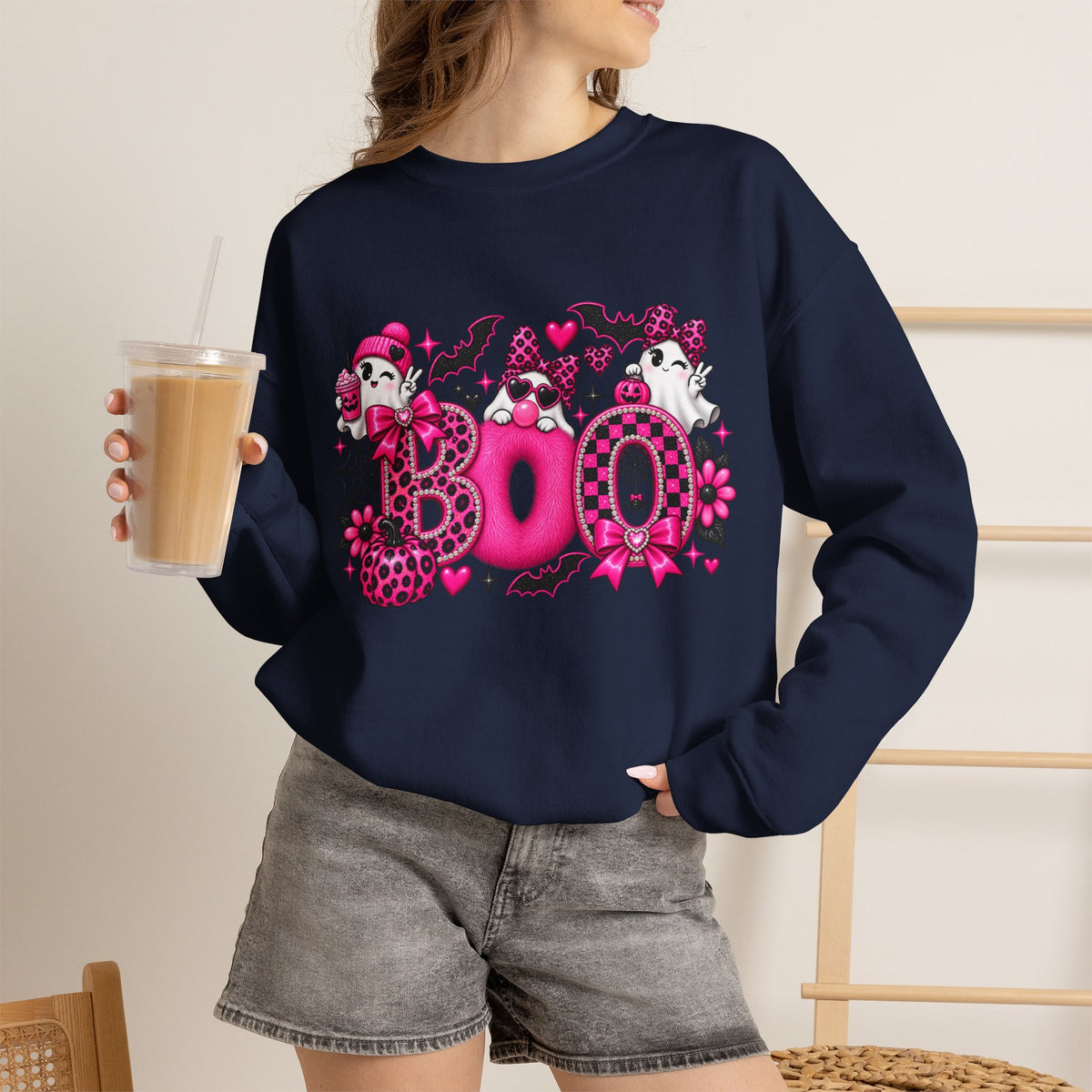 Halloween 'Boo' Graphic Sweatshirt — Cute Pink Ghosts & Bats Cozy Pullover