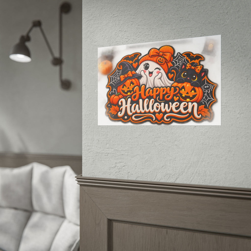 Happy Halloween Rolled Poster — Cute Ghost, Pumpkins & Black Cat Halloween Wall Art