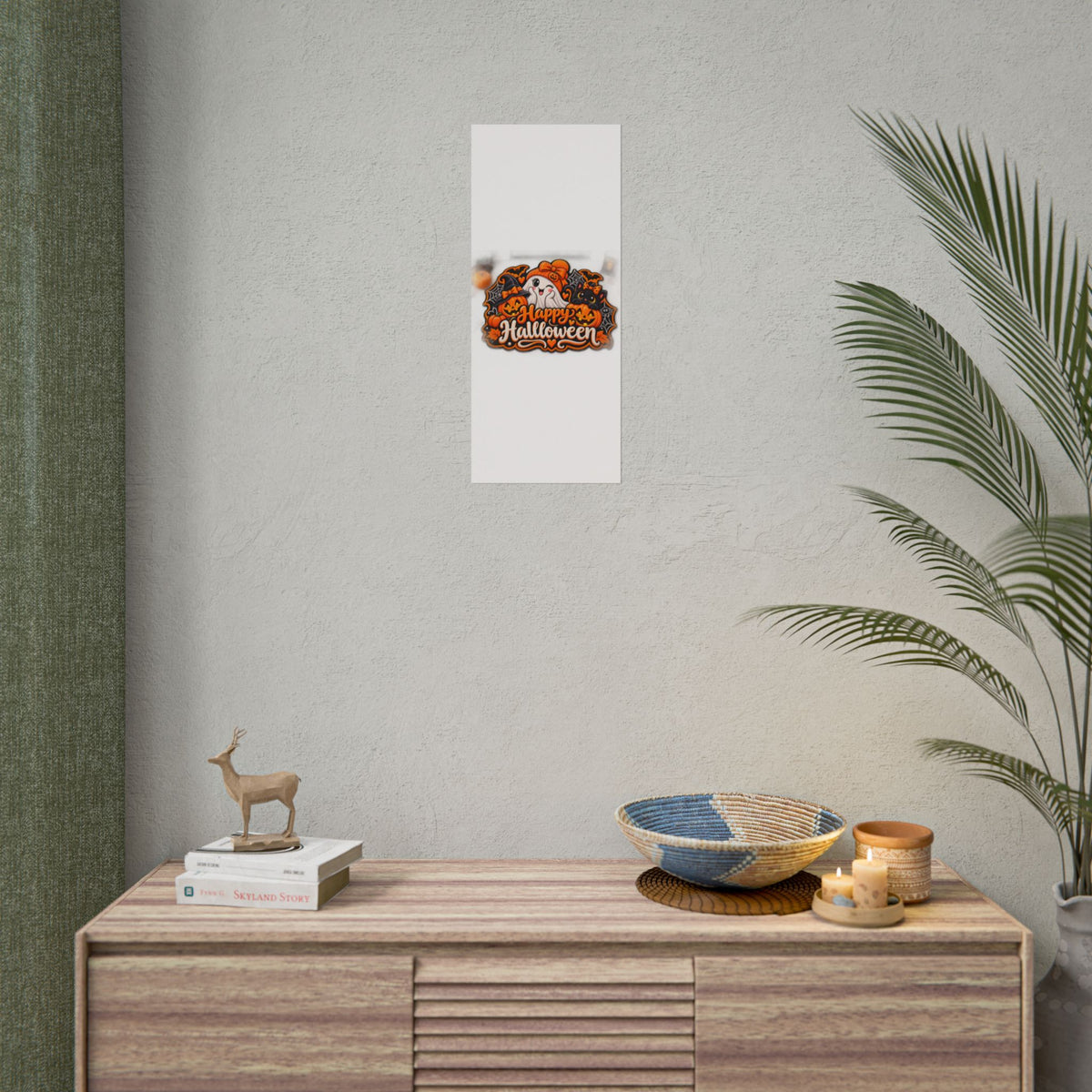 Happy Halloween Rolled Poster — Cute Ghost, Pumpkins & Black Cat Halloween Wall Art