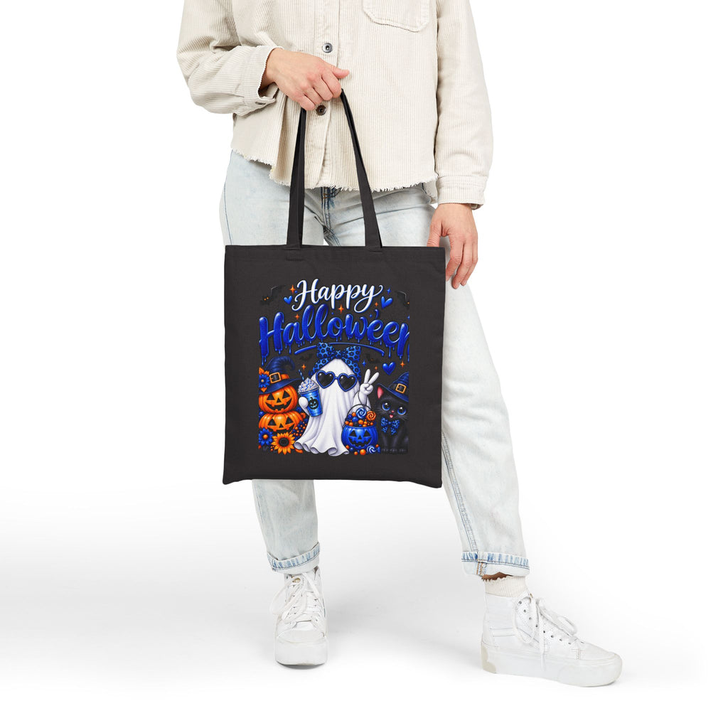 Halloween Ghost & Cats Cotton Tote Bag — "Happy Halloween" Trick-or-Treat Canvas Shopper