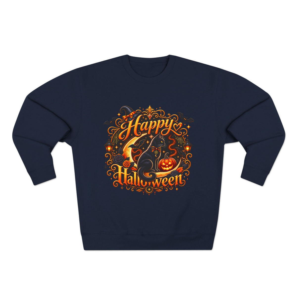 Happy Halloween Crewneck Sweatshirt — Festive Pumpkin & Witch Hat Holiday Sweater