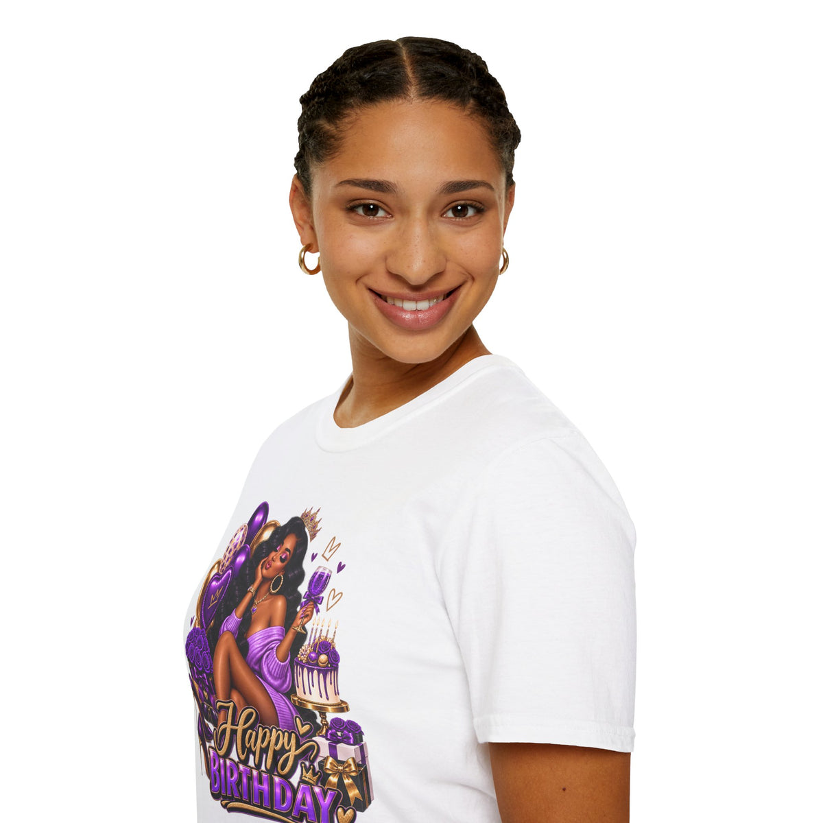 Birthday Queen T-Shirt — Black Woman with Crown, Purple Balloons & Cake