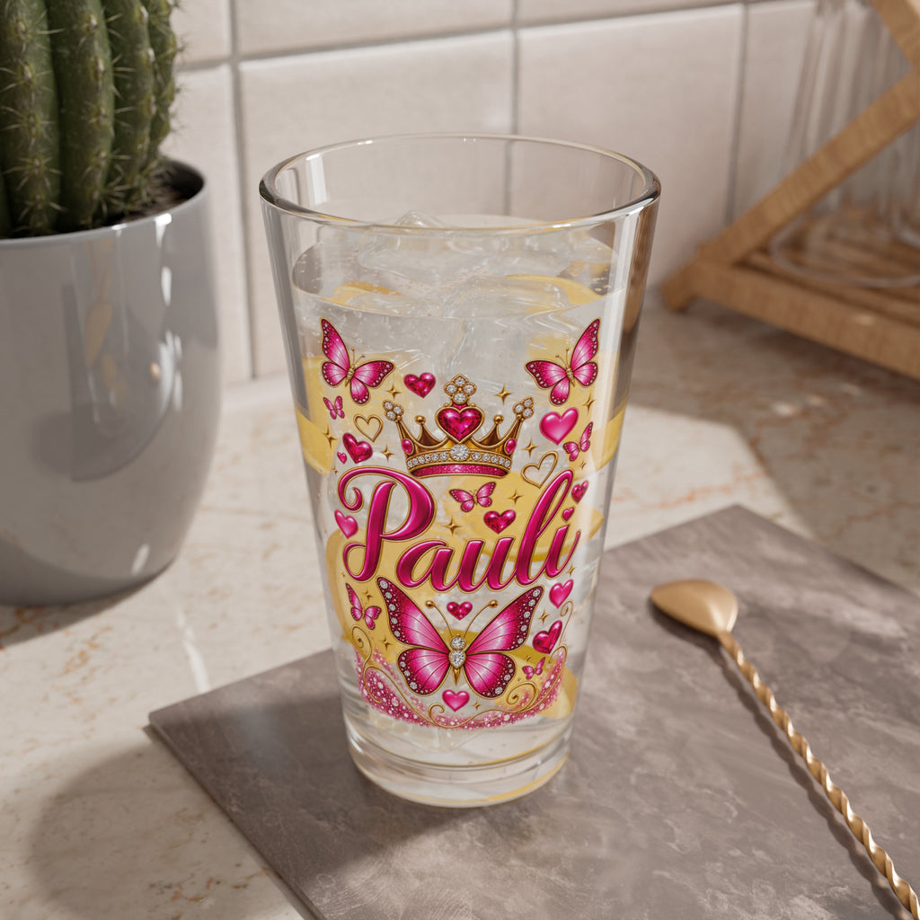 16oz Mixing Glass — Personalized 'Pauli' Pink Butterfly Crown Cocktail Shaker Glass