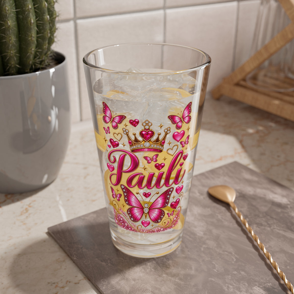 16oz Mixing Glass — Personalized 'Pauli' Pink Butterfly Crown Cocktail Shaker Glass