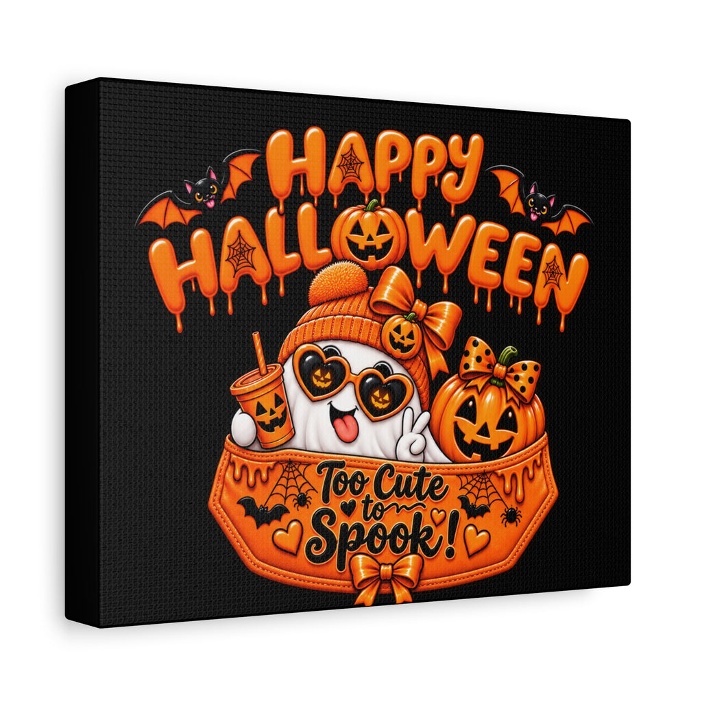Happy Halloween Canvas — "Too Cute to Spook!" Kawaii Pumpkin Ghost Wall Art