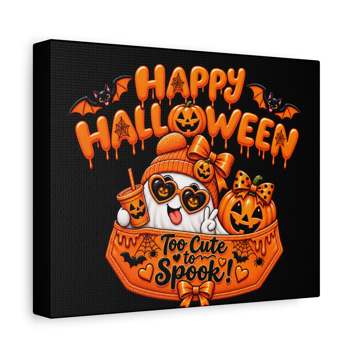 Happy Halloween Canvas — "Too Cute to Spook!" Kawaii Pumpkin Ghost Wall Art