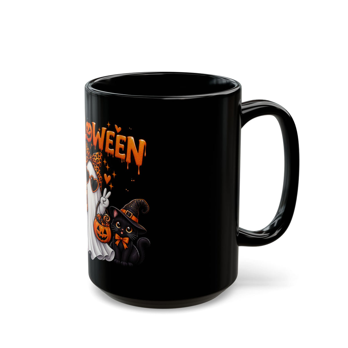 Halloween Ghost & Pumpkins Black Mug – Cute Spooky Coffee Cup (11oz/15oz)