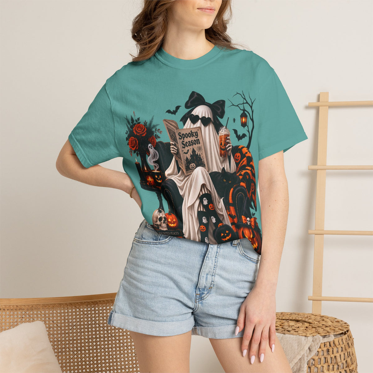 Halloween Ghost Reading T-Shirt — Spooky Pumpkin & 'Spooky Season' Graphic