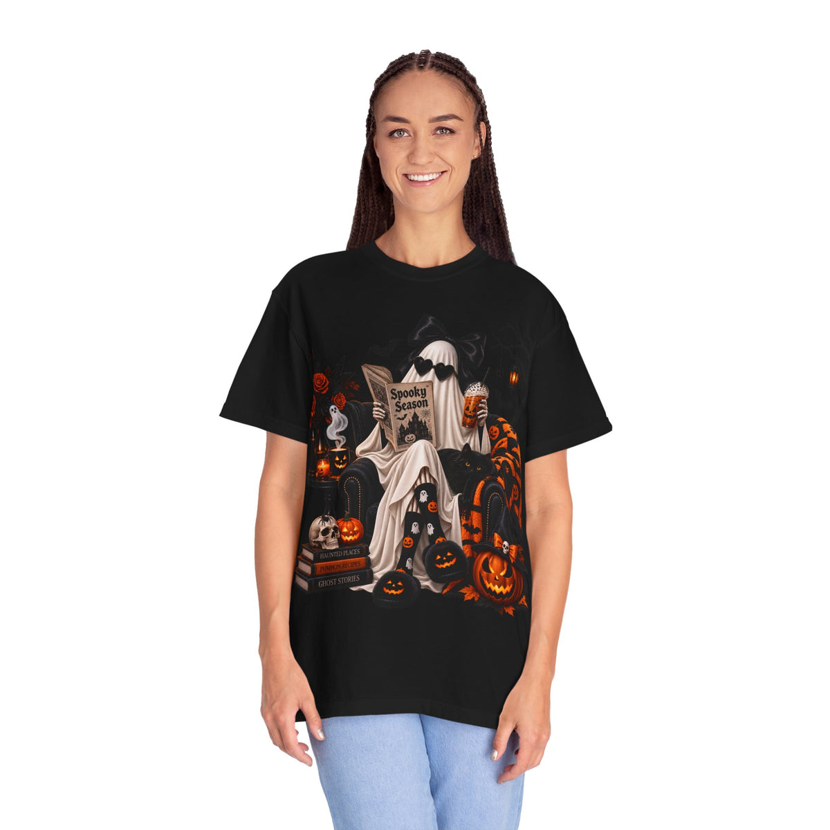 Halloween Ghost Reading T-Shirt — Spooky Pumpkin & 'Spooky Season' Graphic