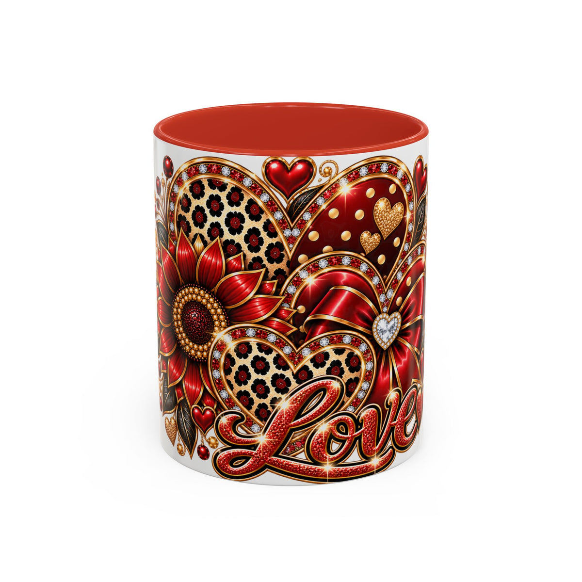 Love Heart Accent Coffee Mug — Red Leopard Floral Valentine Gift (11/15 oz)