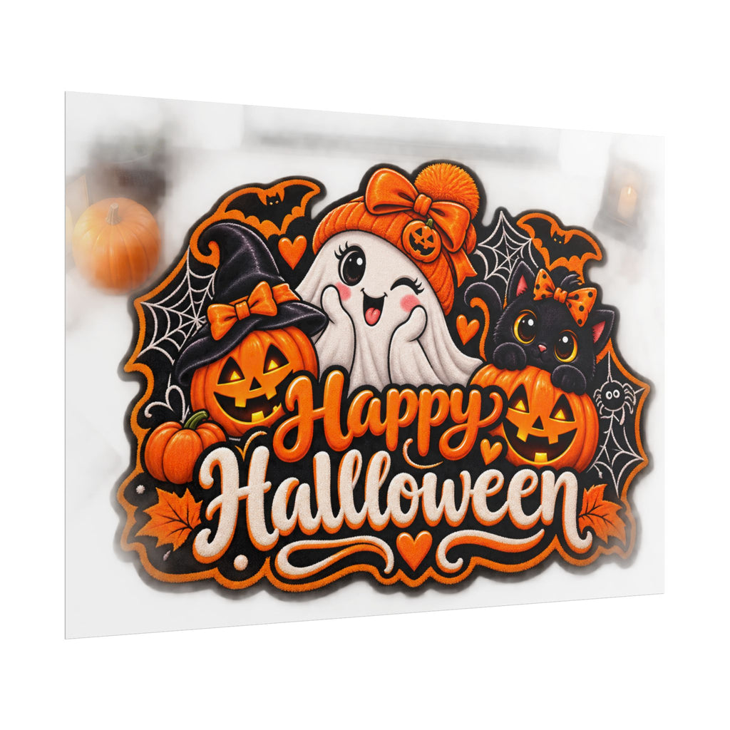 Happy Halloween Rolled Poster — Cute Ghost, Pumpkins & Black Cat Halloween Wall Art
