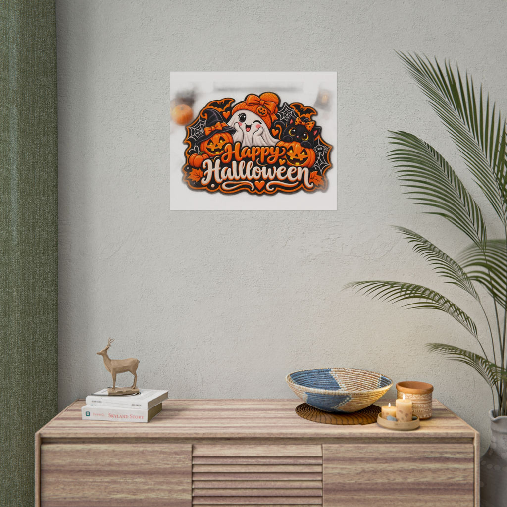 Happy Halloween Rolled Poster — Cute Ghost, Pumpkins & Black Cat Halloween Wall Art