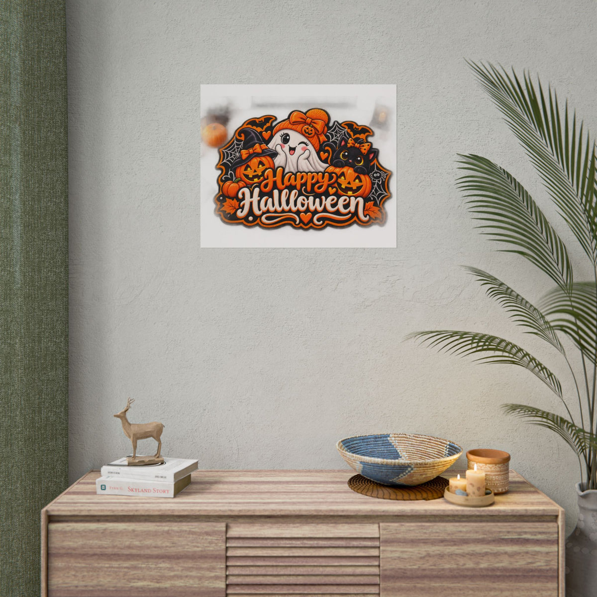 Happy Halloween Rolled Poster — Cute Ghost, Pumpkins & Black Cat Halloween Wall Art