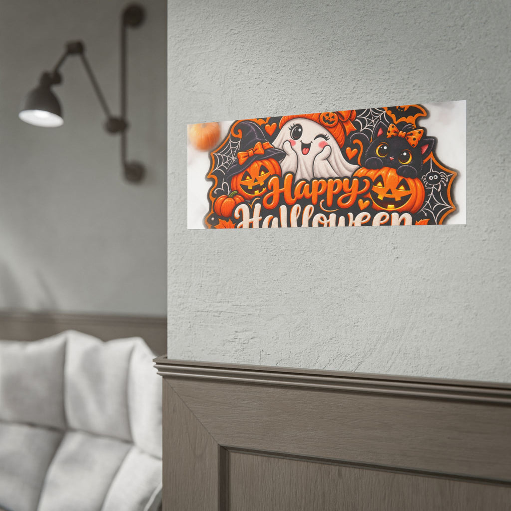 Happy Halloween Rolled Poster — Cute Ghost, Pumpkins & Black Cat Halloween Wall Art