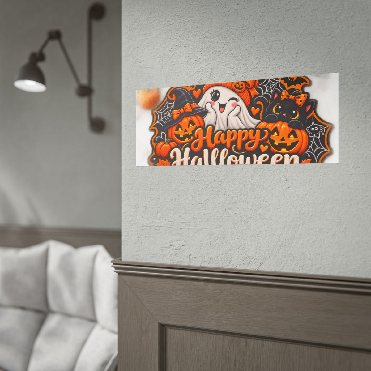 Happy Halloween Rolled Poster — Cute Ghost, Pumpkins & Black Cat Halloween Wall Art