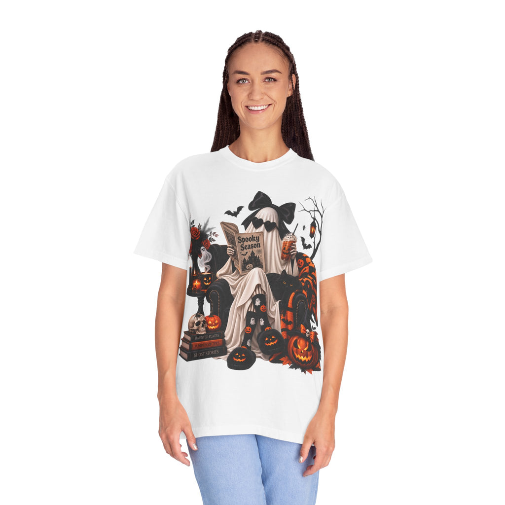 Halloween Ghost Reading T-Shirt — Spooky Pumpkin & 'Spooky Season' Graphic