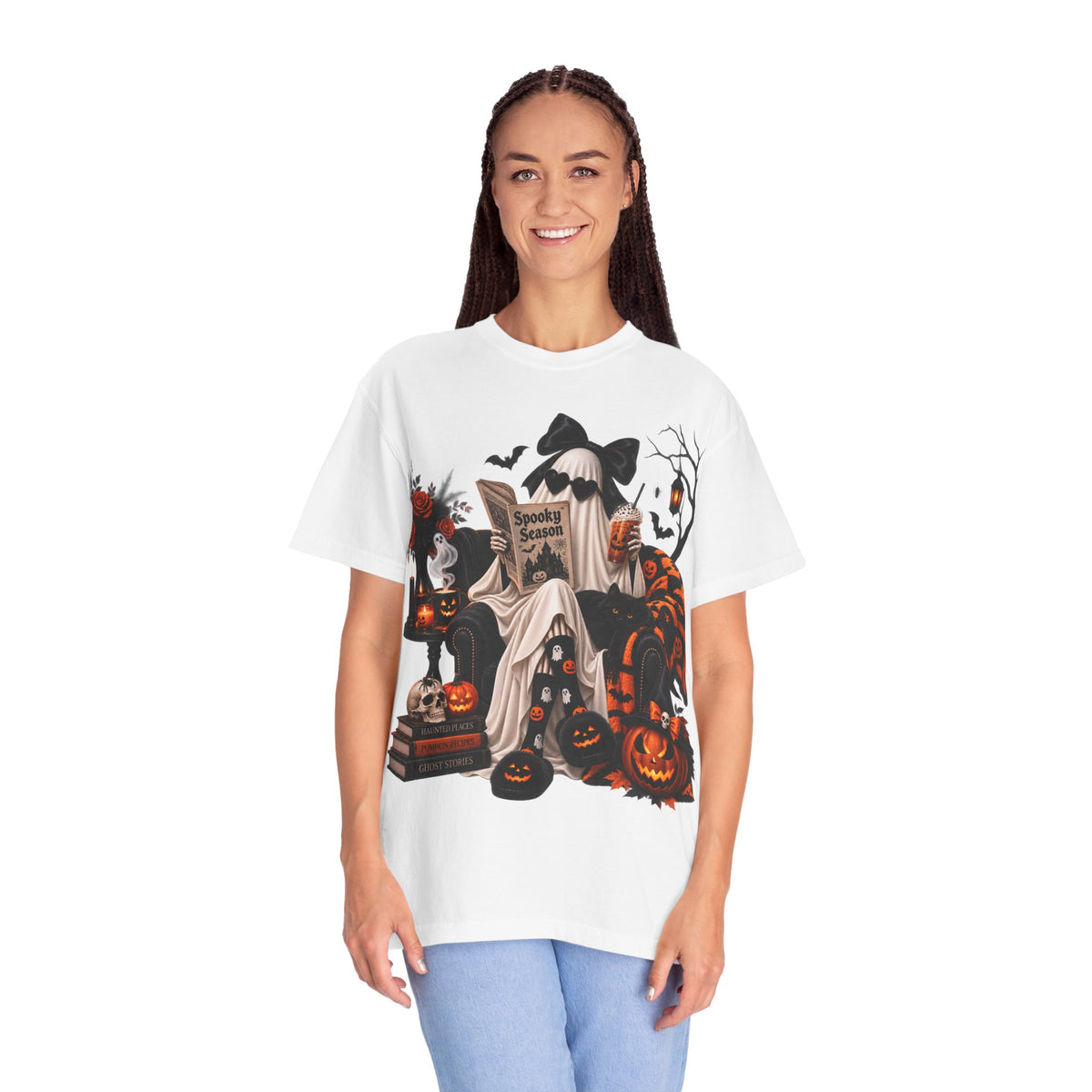 Halloween Ghost Reading T-Shirt — Spooky Pumpkin & 'Spooky Season' Graphic