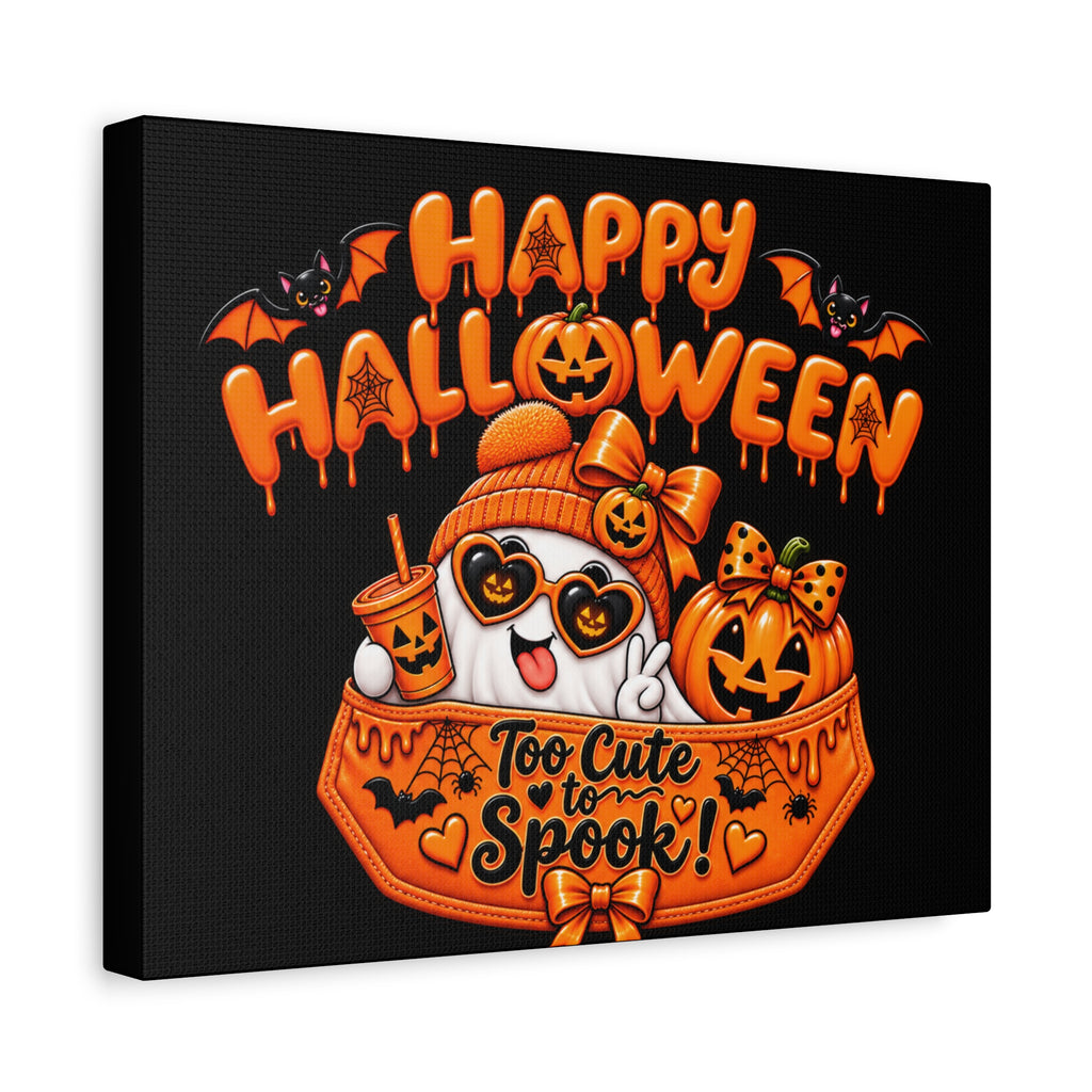 Happy Halloween Canvas — "Too Cute to Spook!" Kawaii Pumpkin Ghost Wall Art