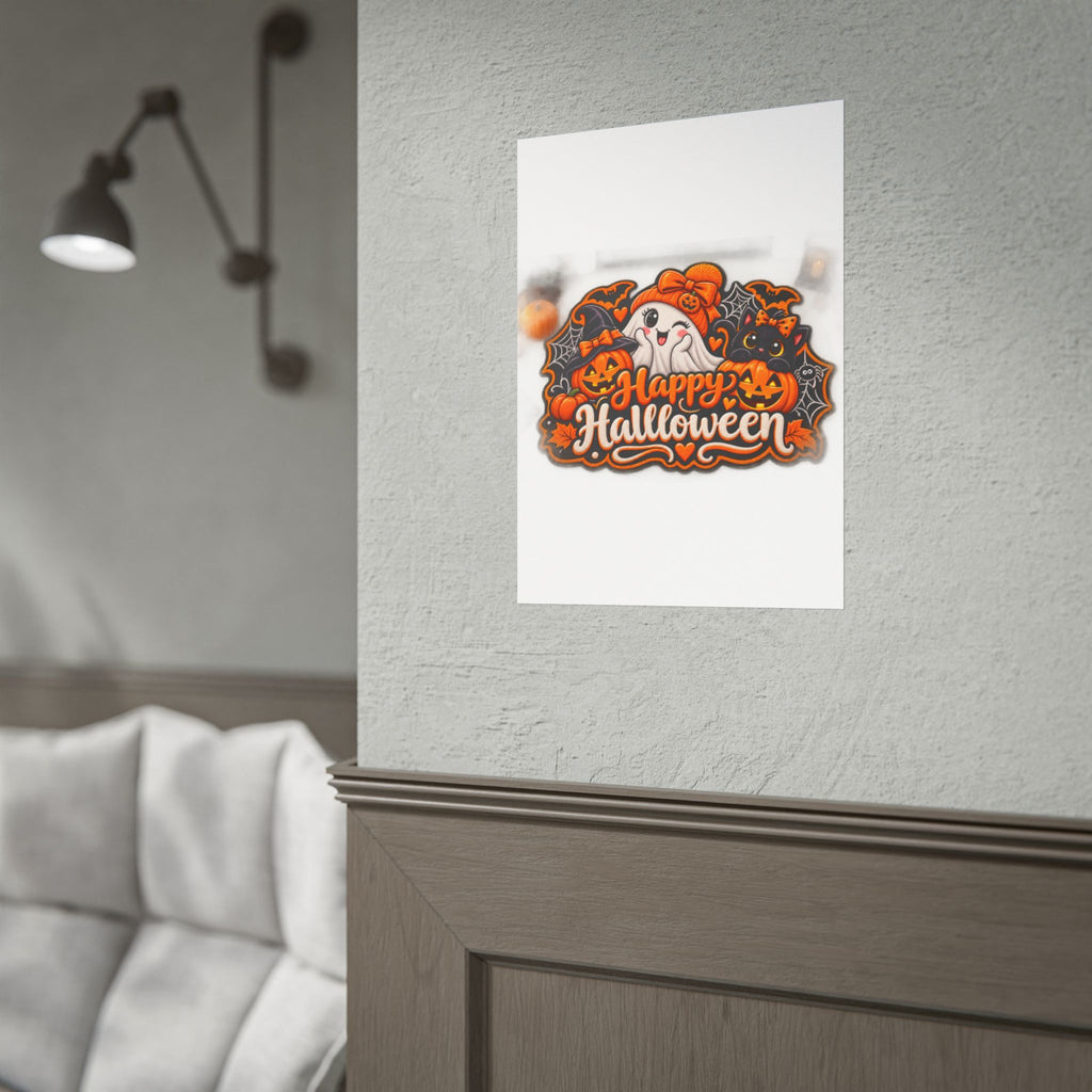 Happy Halloween Rolled Poster — Cute Ghost, Pumpkins & Black Cat Halloween Wall Art