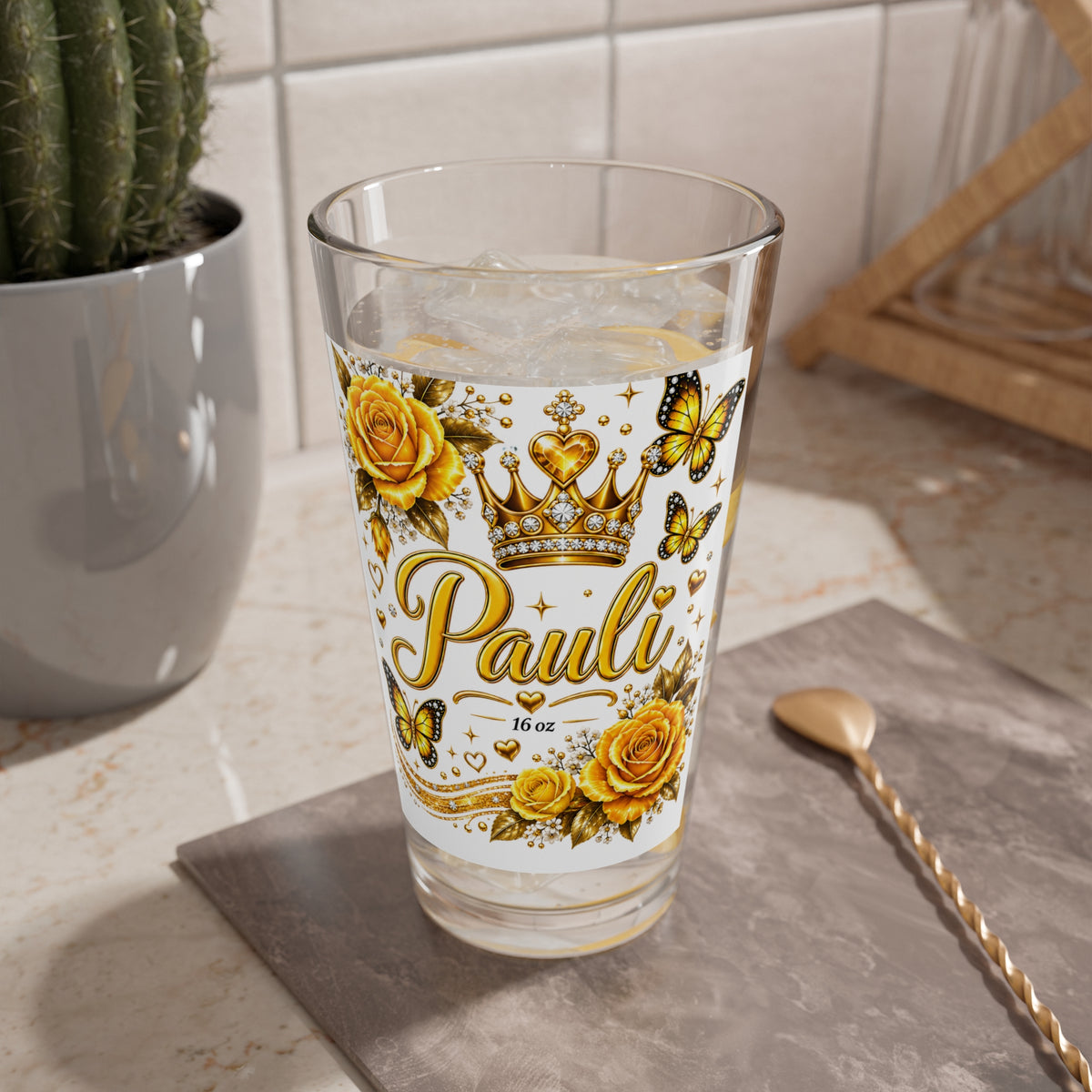 Personalized Golden Rose Mixing Glass — 16oz Decorative Cocktail Shaker Glass