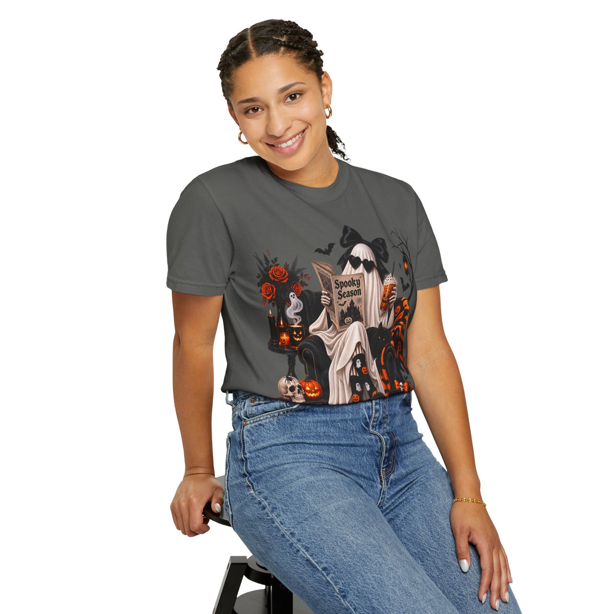 Halloween Ghost Reading T-Shirt — Spooky Pumpkin & 'Spooky Season' Graphic