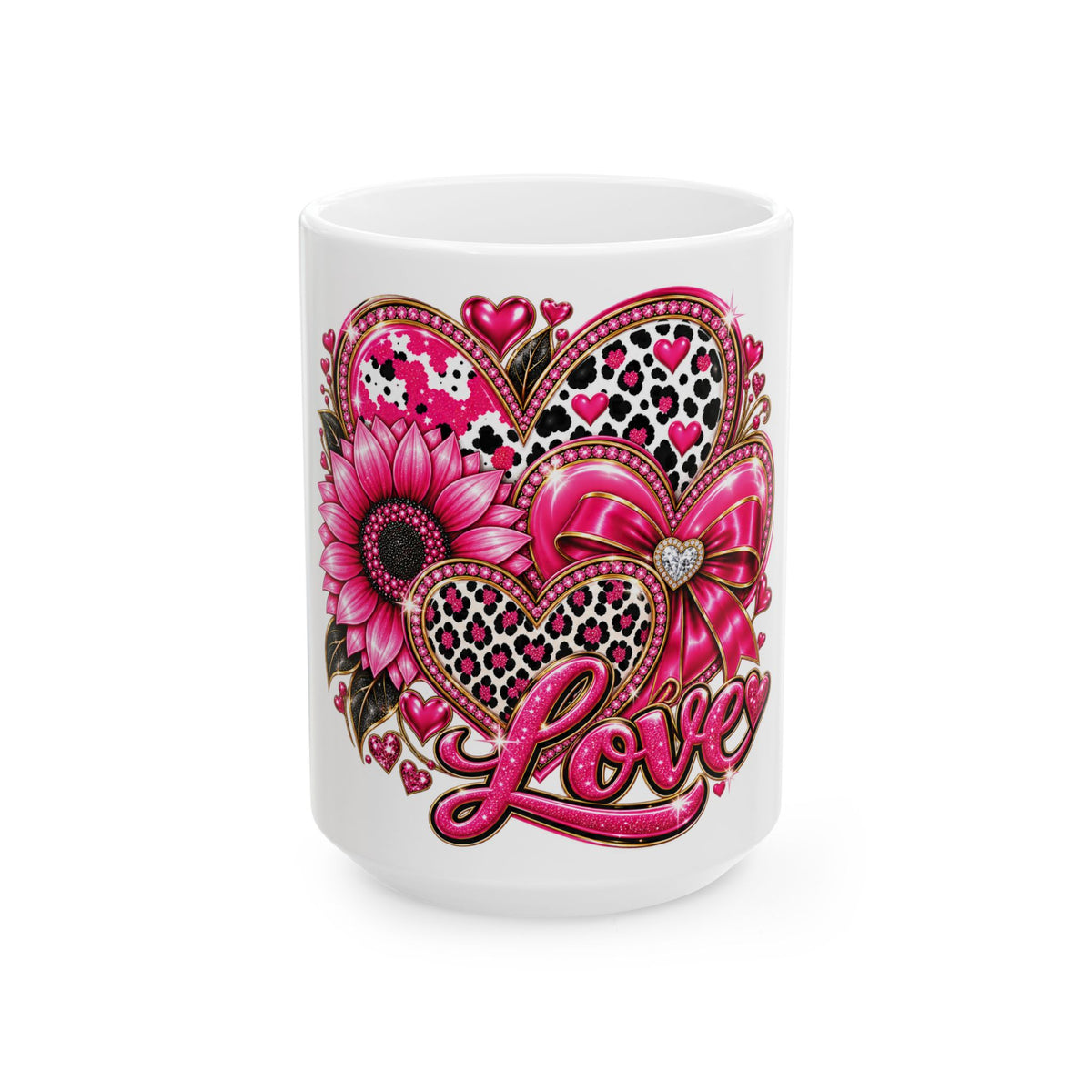 Love Hearts Ceramic Mug — Pink Leopard Heart Design (11oz & 15oz)
