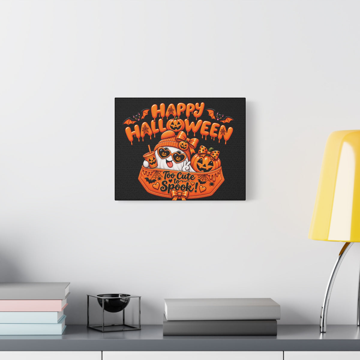 Happy Halloween Canvas — "Too Cute to Spook!" Kawaii Pumpkin Ghost Wall Art