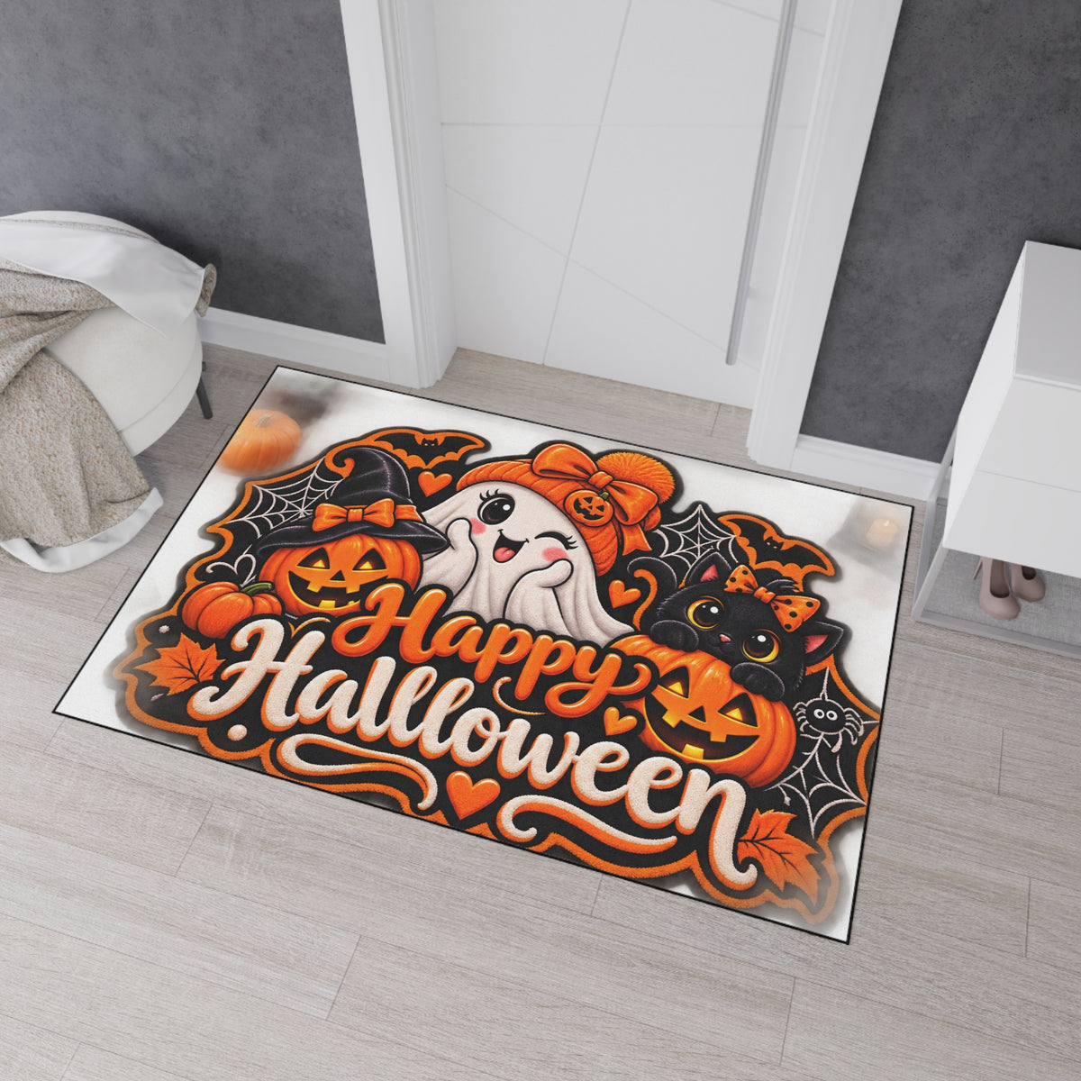 Halloween Doormat - Happy Halloween Cute Ghost & Black Cat Heavy Duty Floor Mat